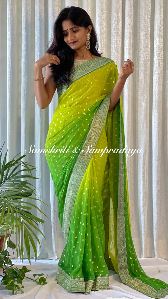 Dual shade georgette saree parrot green and lemon yellow