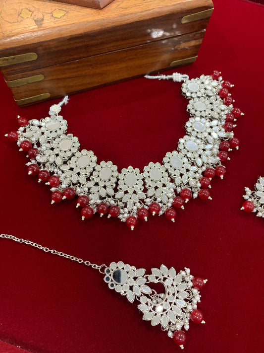 Sunaina silver mirror choker / necklace maroon