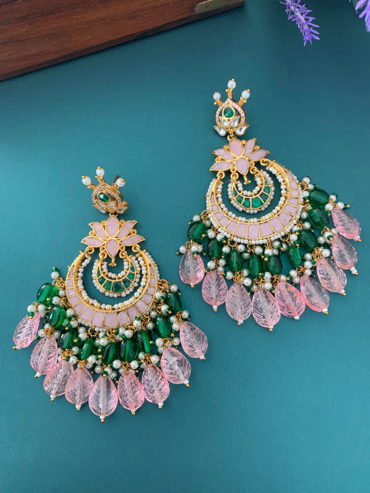 Shanti Pachi kundan earring in pastel pink and emerald green