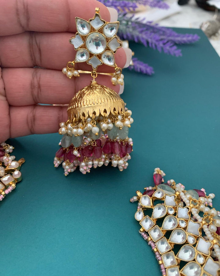 Pachi kundan with mop necklace with jhumki