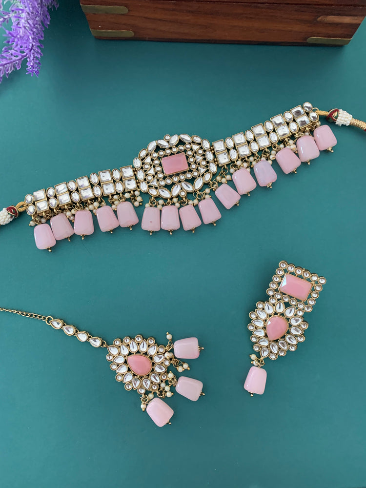 Sadiya kundan choker set in light pink