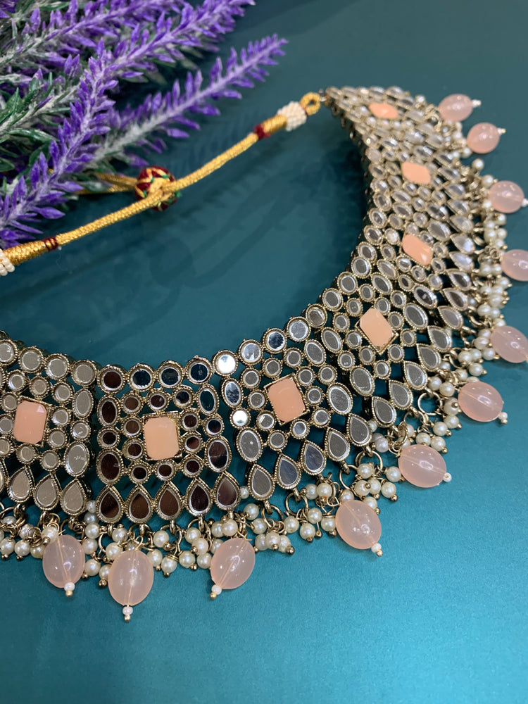Mirror choker necklace with jhumki Peach