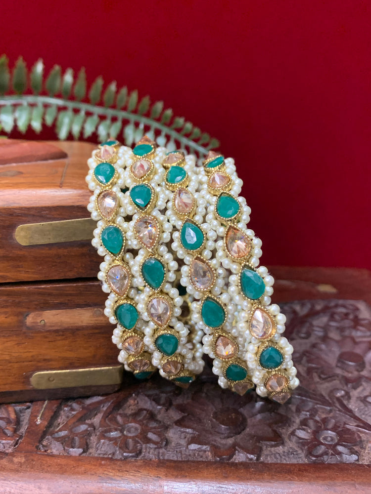 Polki dual shade bangle set in teal green and antique