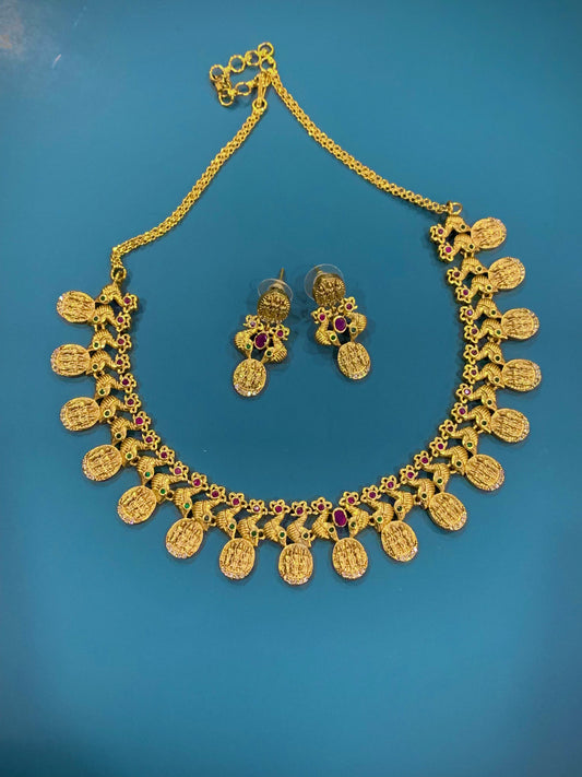 Temple style gold necklace and earring