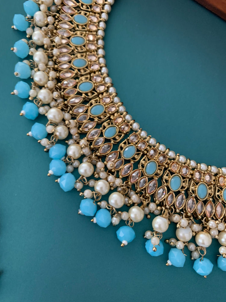 Khusboo polki necklace in phirozi blue