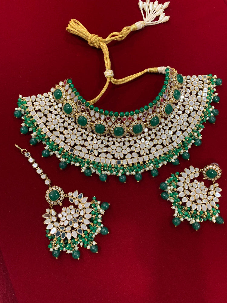 Mirror kundan semi bridal set in emerald gold