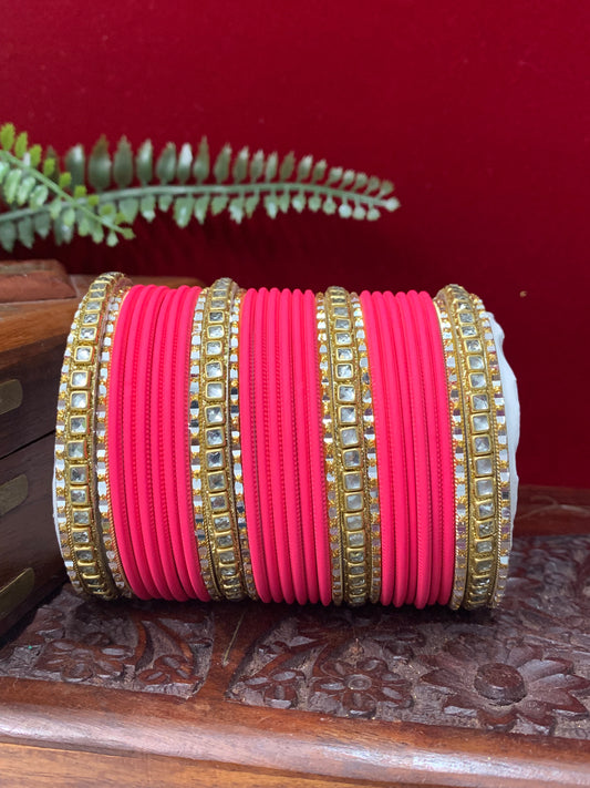 Pink churi and kundan bangle