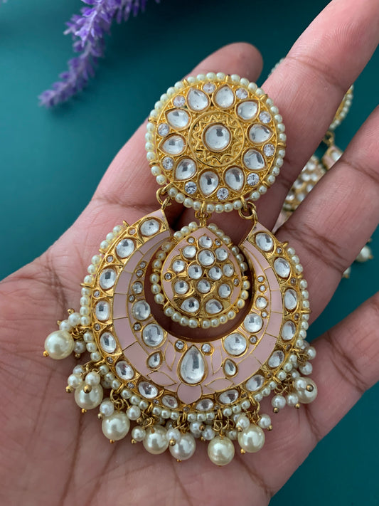 Uncut Kundan designer chandbali  earring in nude peach