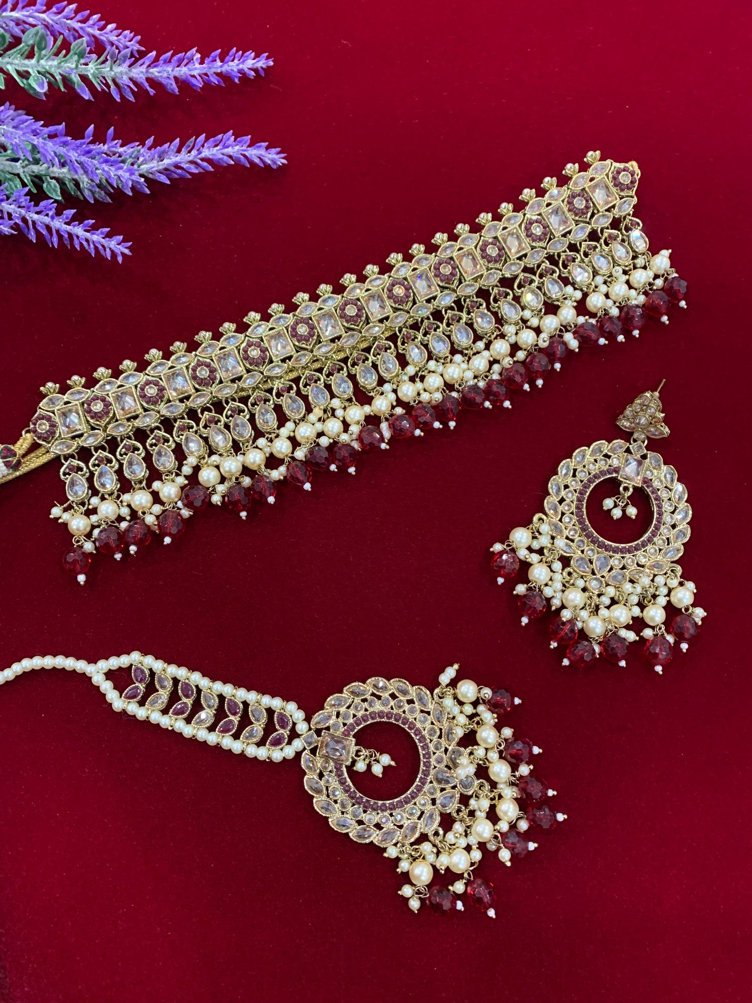 Reverse Polki choker necklace Lana in Maroon burgundy Bawaries
